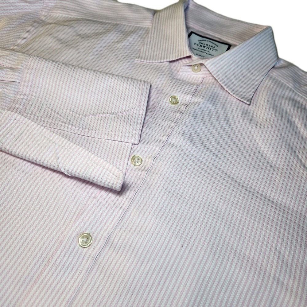 CHARLES TYRWHITT French Cuff Dress Shirt Mens 16 36 Slim White Pink Stripe